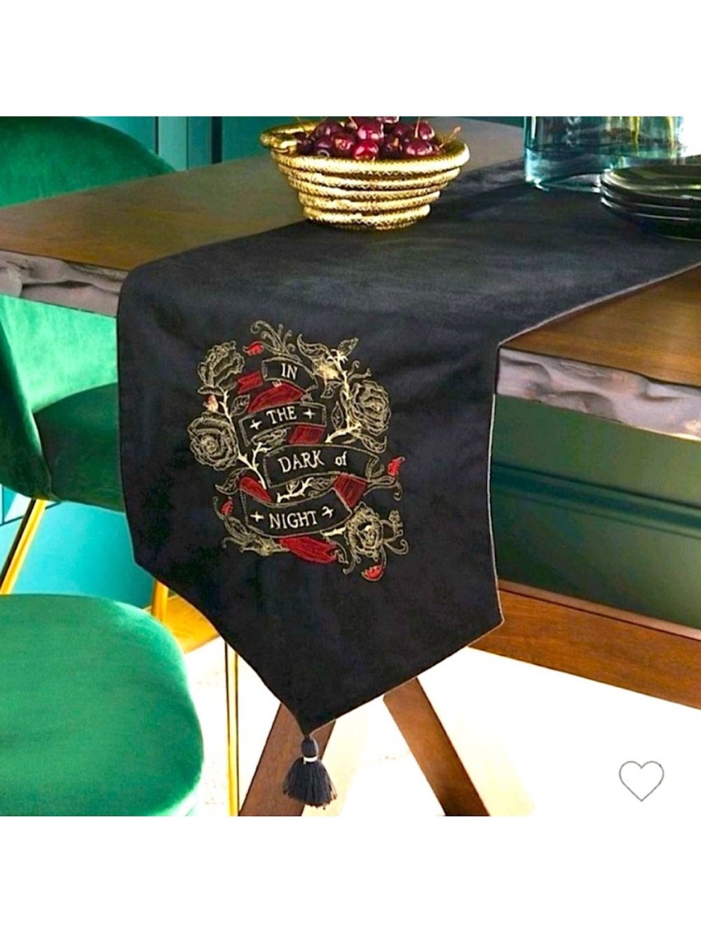 🆕- Threshold-Halloween Embroidered Velvet Black Table Runner with Tassels.